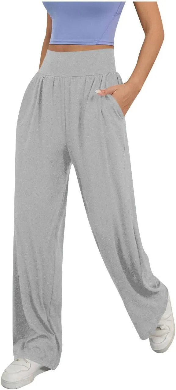 Womens Casual High Waist Elastic Yoga Pants Solid Color Straight Wide Leg Sports Pants Fashion Loose Fit Trousers