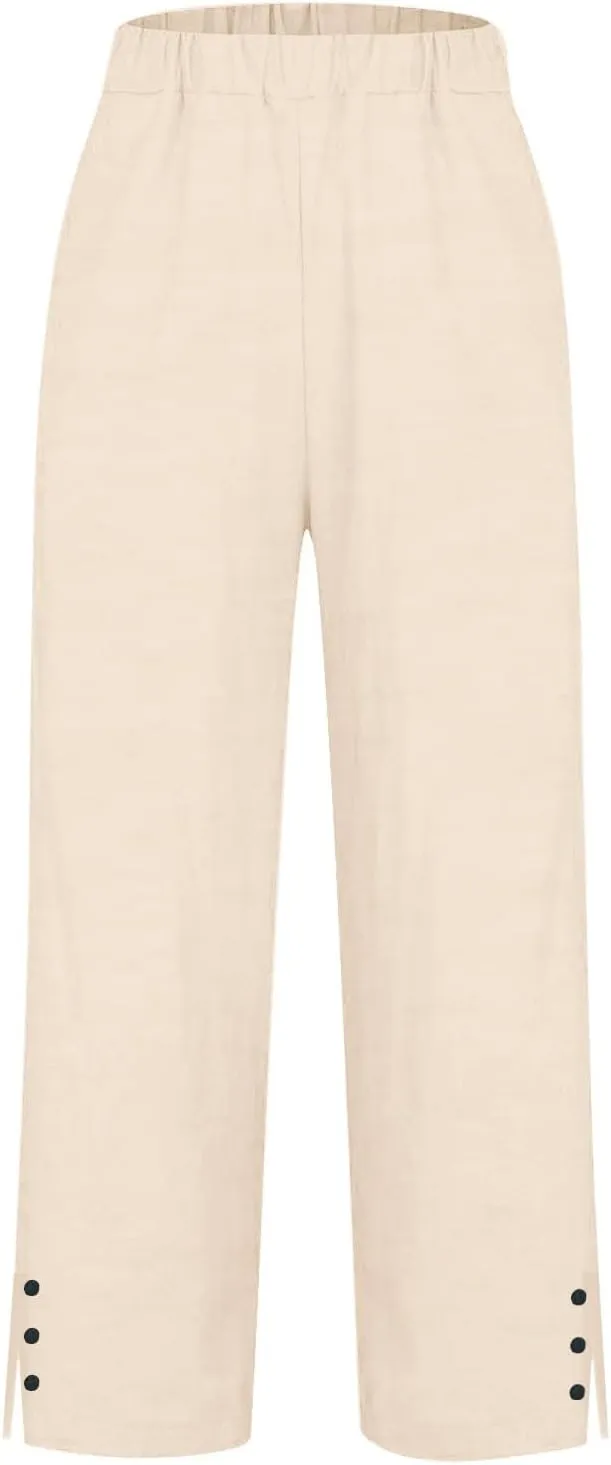 Womens Casual Linen High Waist Pants Plain Drawstring Loose Fit Summer Pants Trousers with Side Pockets