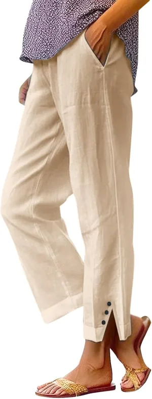 Womens Casual Linen High Waist Pants Plain Drawstring Loose Fit Summer Pants Trousers with Side Pockets