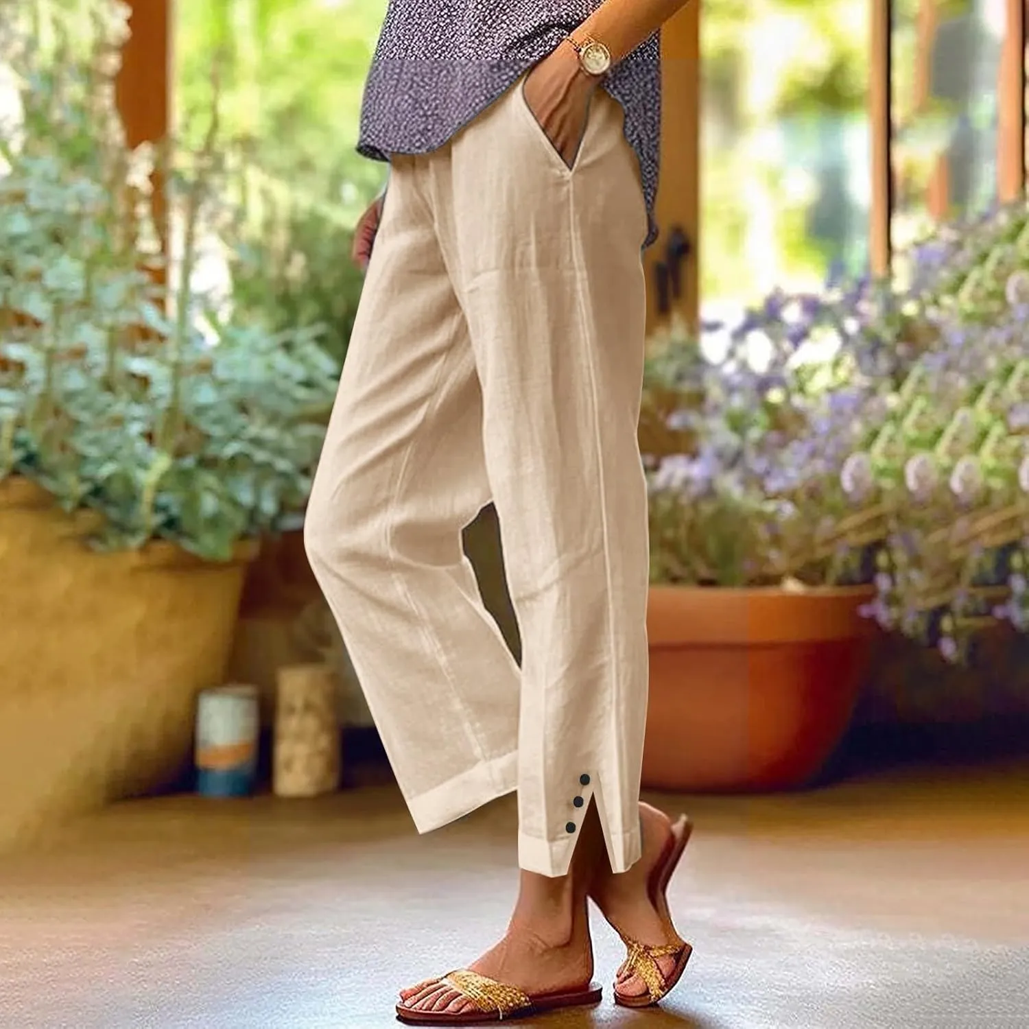 Womens Casual Linen High Waist Pants Plain Drawstring Loose Fit Summer Pants Trousers with Side Pockets