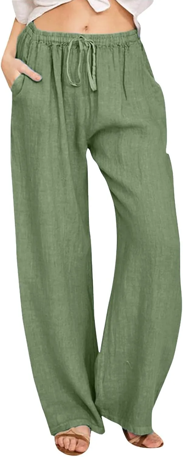 Womens Casual Linen Pants Baggy High Waist Drawstring Straight Leg Pants Summer Lounge Trousers with Pockets