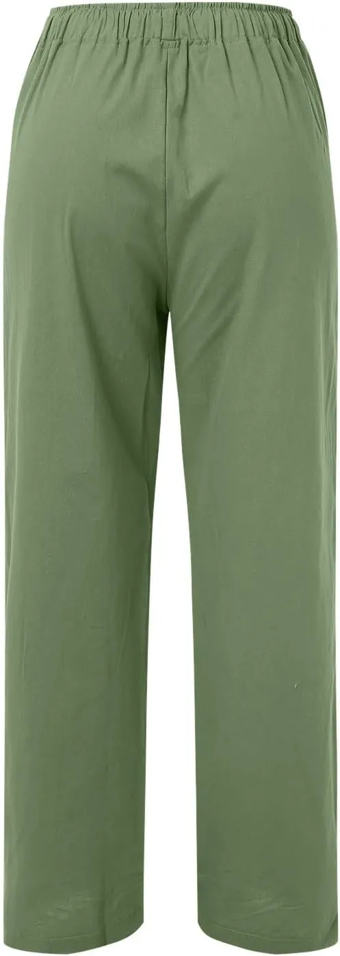 Womens Casual Linen Pants Baggy High Waist Drawstring Straight Leg Pants Summer Lounge Trousers with Pockets