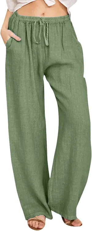 Womens Casual Linen Pants Baggy High Waist Drawstring Straight Leg Pants Summer Lounge Trousers with Pockets