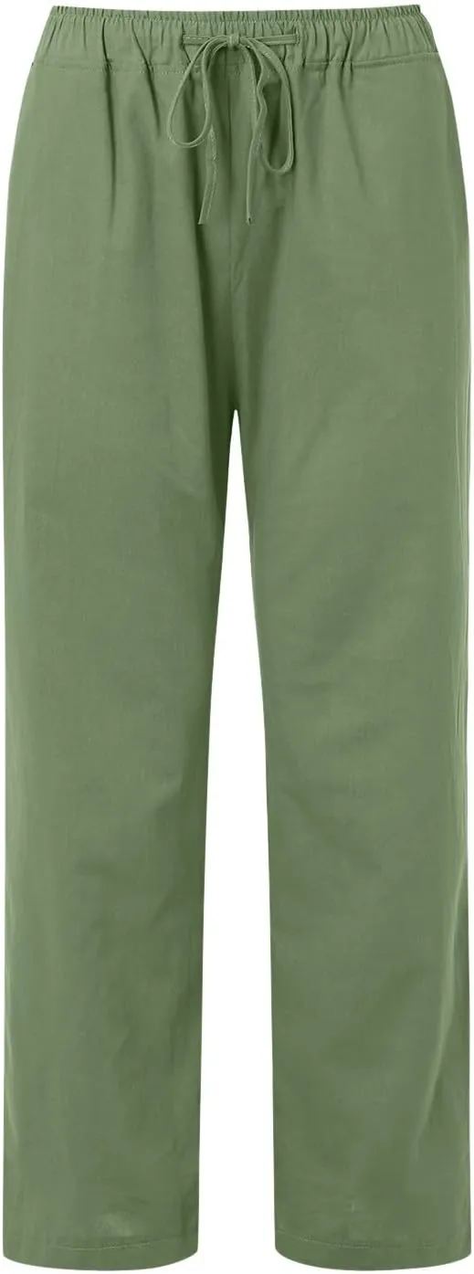 Womens Casual Linen Pants Baggy High Waist Drawstring Straight Leg Pants Summer Lounge Trousers with Pockets