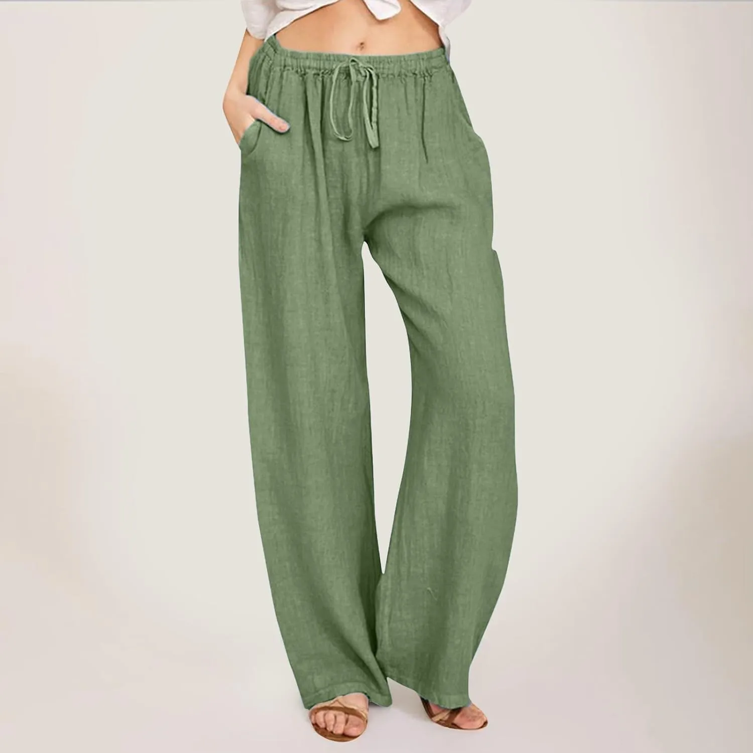 Womens Casual Linen Pants Baggy High Waist Drawstring Straight Leg Pants Summer Lounge Trousers with Pockets