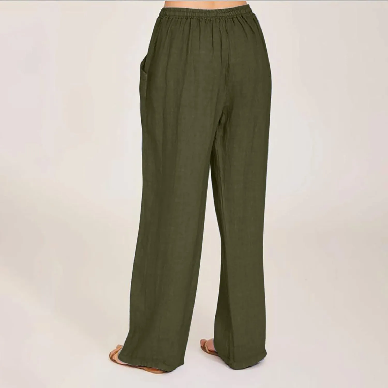 Womens Casual Linen Pants High Waist Pants Drawstring Elastic Wide Leg Pants Loose Fit Lounge Trousers with Pocket