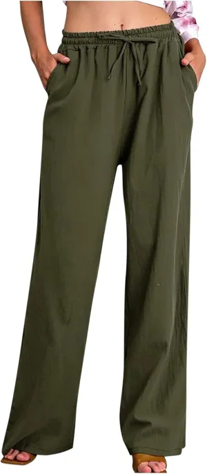 Womens Casual Linen Pants High Waist Pants Drawstring Elastic Wide Leg Pants Loose Fit Lounge Trousers with Pocket
