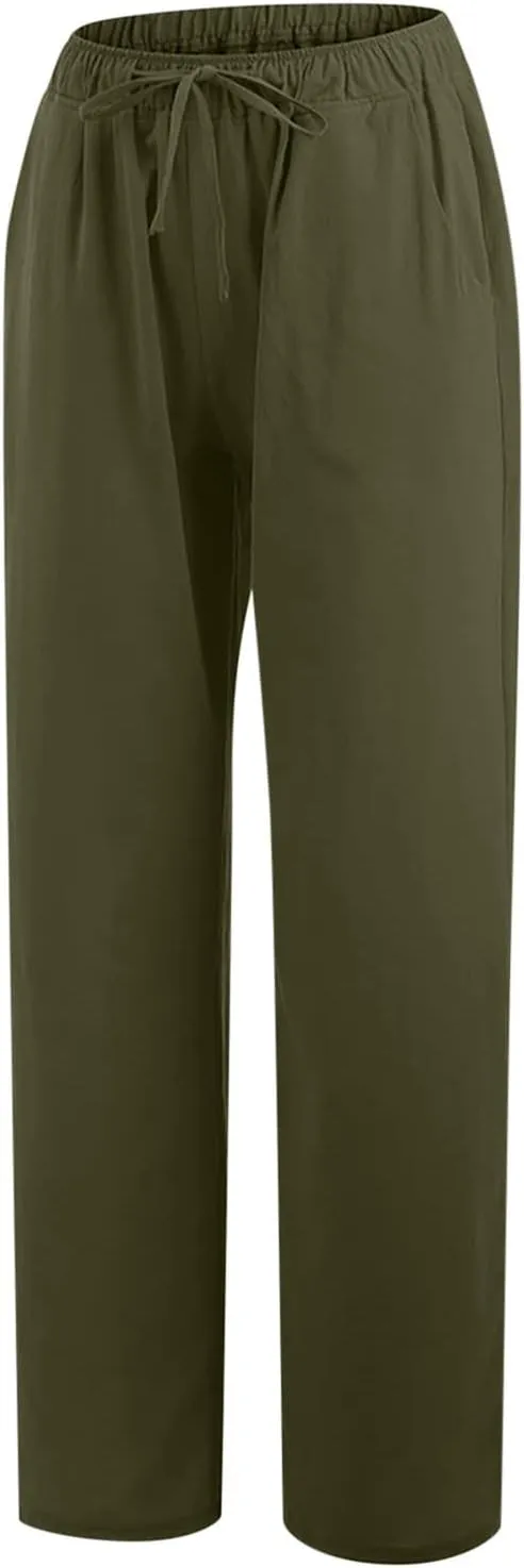 Womens Casual Linen Pants High Waist Pants Drawstring Elastic Wide Leg Pants Loose Fit Lounge Trousers with Pocket