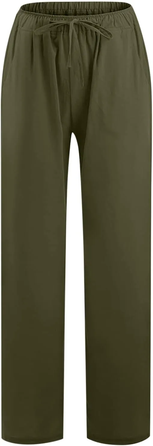 Womens Casual Linen Pants High Waist Pants Drawstring Elastic Wide Leg Pants Loose Fit Lounge Trousers with Pocket