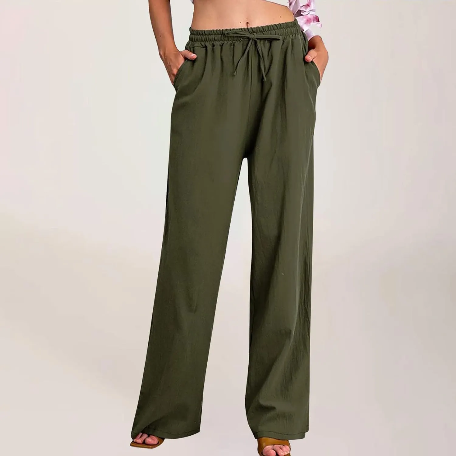 Womens Casual Linen Pants High Waist Pants Drawstring Elastic Wide Leg Pants Loose Fit Lounge Trousers with Pocket