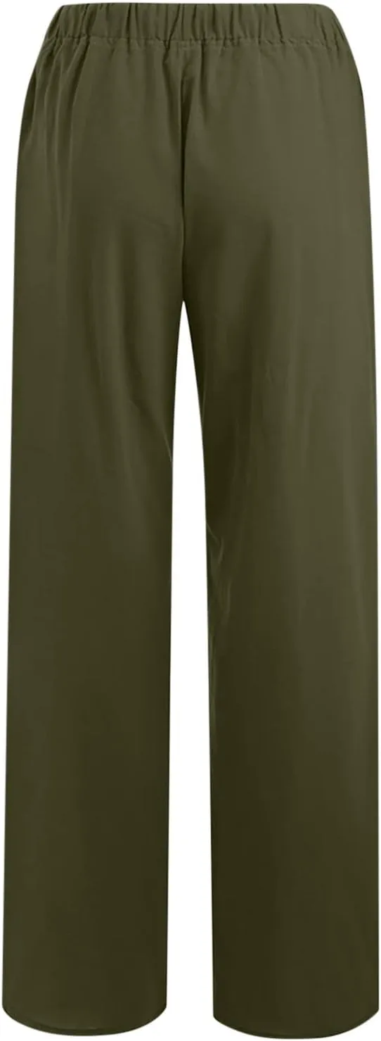 Womens Casual Linen Pants High Waist Pants Drawstring Elastic Wide Leg Pants Loose Fit Lounge Trousers with Pocket