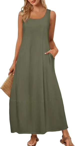 Women's Casual Maxi Sundress 2025 Summer Beach Long Dress Scoop Neck Sleeveless Loose Comfy Tank Dresses