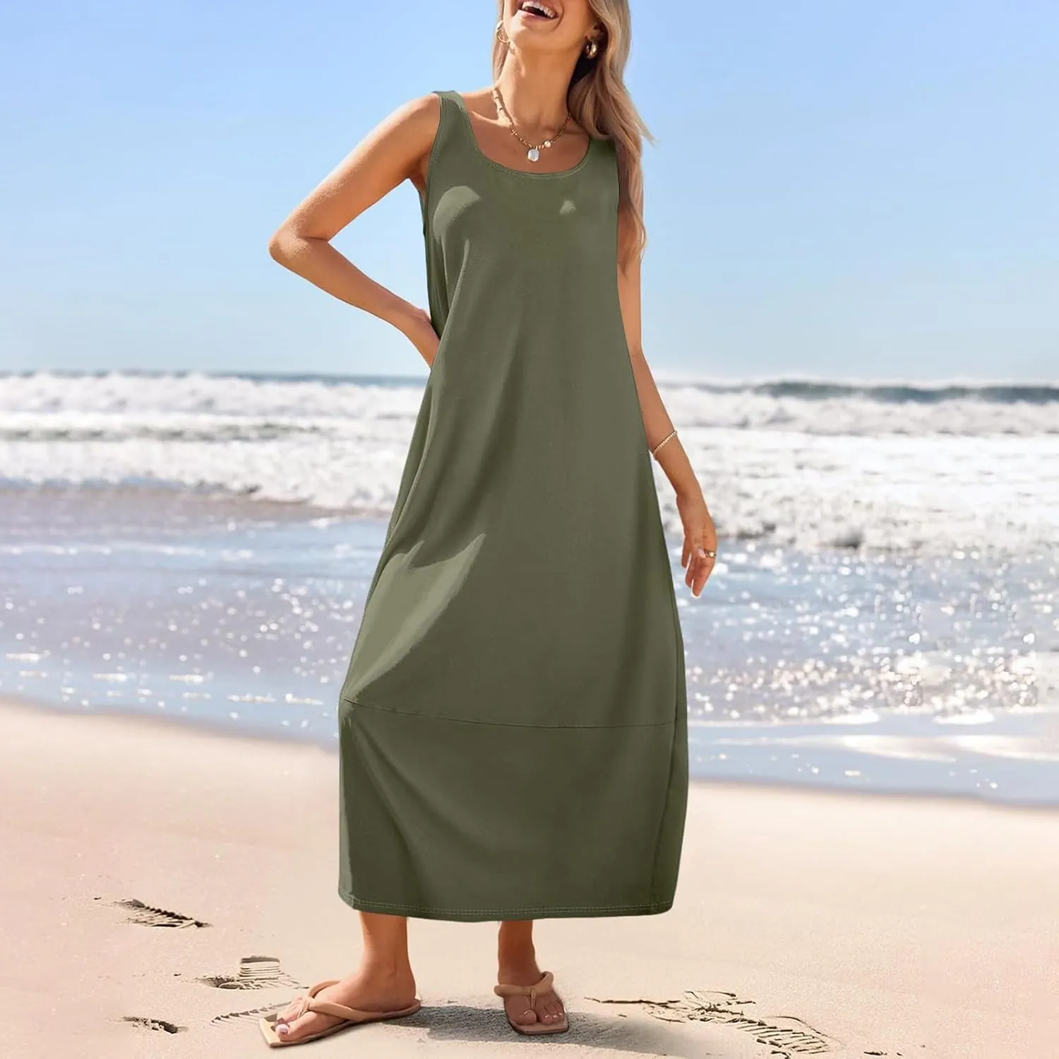 Women's Casual Maxi Sundress 2025 Summer Beach Long Dress Scoop Neck Sleeveless Loose Comfy Tank Dresses