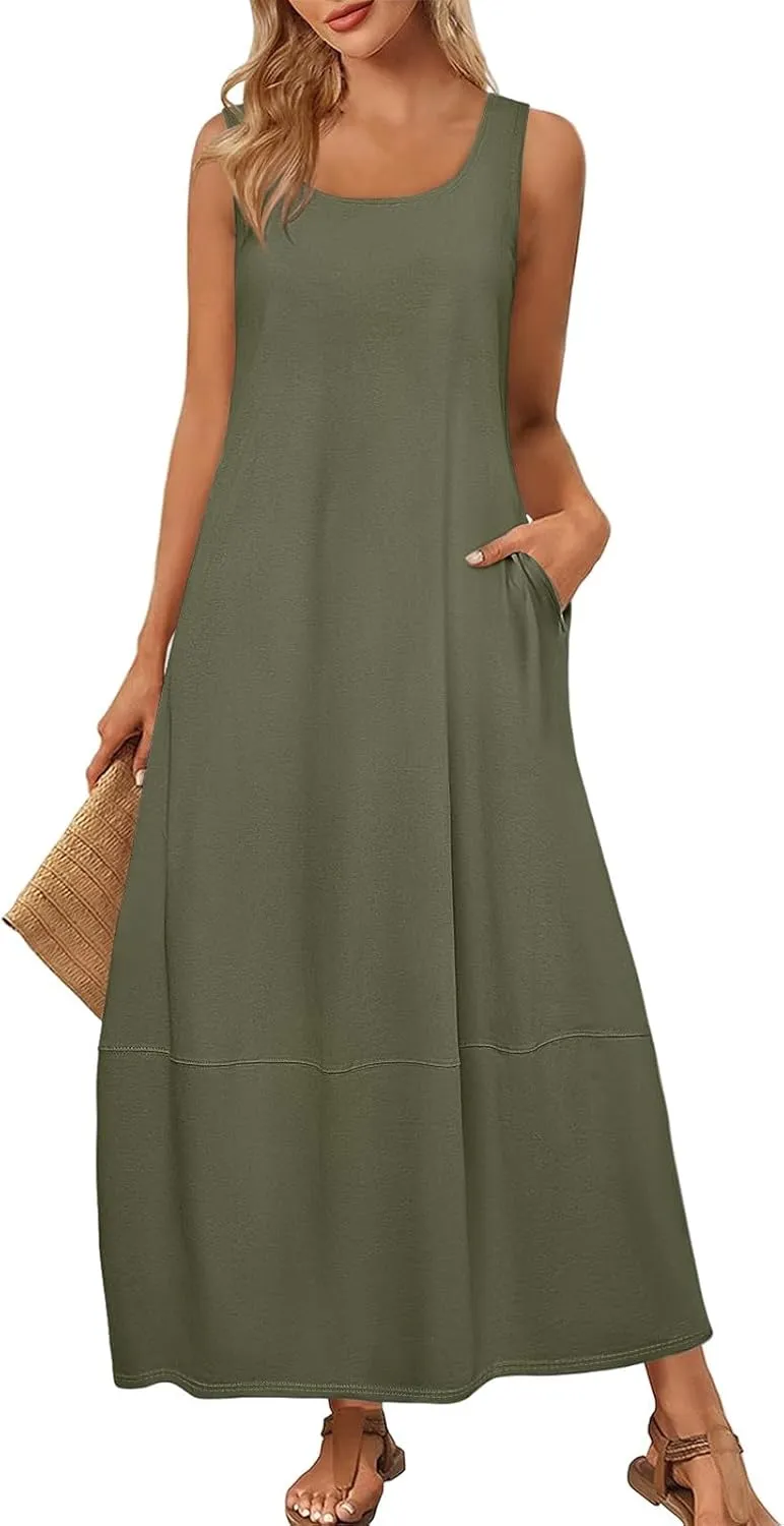 Women's Casual Maxi Sundress 2025 Summer Beach Long Dress Scoop Neck Sleeveless Loose Comfy Tank Dresses