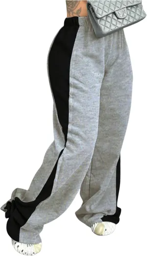 Women's Color Block Wide Leg Sweatpants Casual Elastic Waist Jogger Pants Trousers