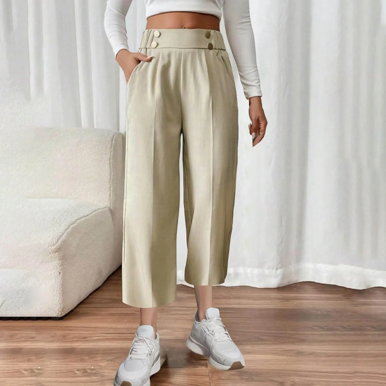 Women's Comfy High Waisted Wide Leg Pants Business Casual Elastic Waist Loose Trendy Solid Color Trousers with Pockets