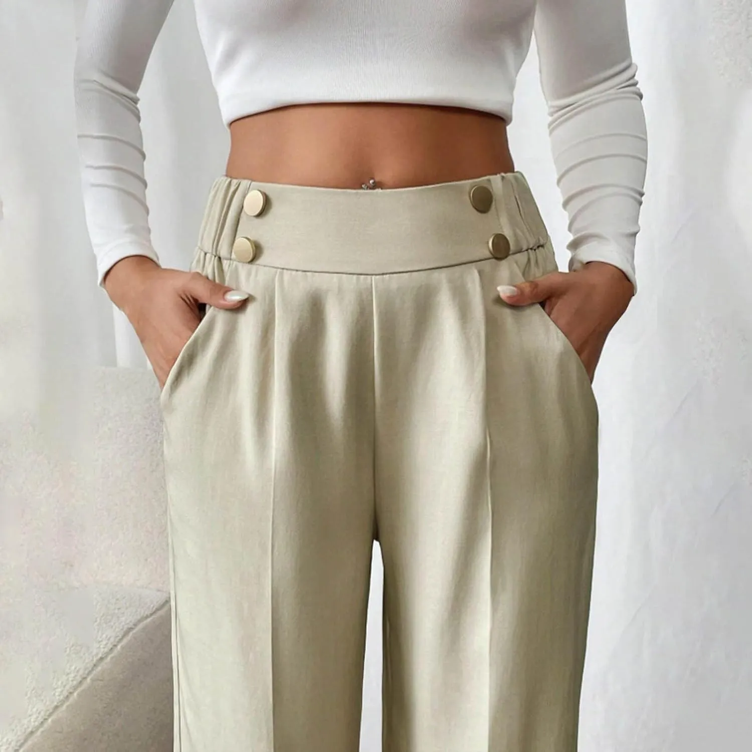 Women's Comfy High Waisted Wide Leg Pants Business Casual Elastic Waist Loose Trendy Solid Color Trousers with Pockets