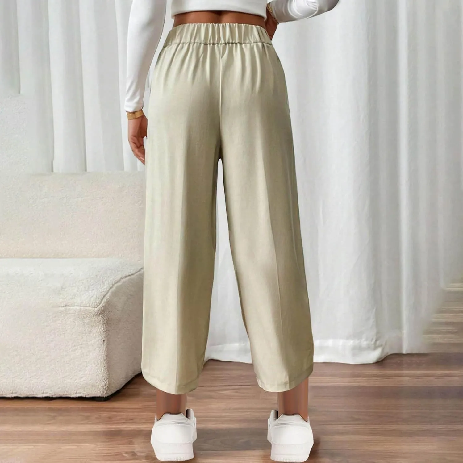 Women's Comfy High Waisted Wide Leg Pants Business Casual Elastic Waist Loose Trendy Solid Color Trousers with Pockets