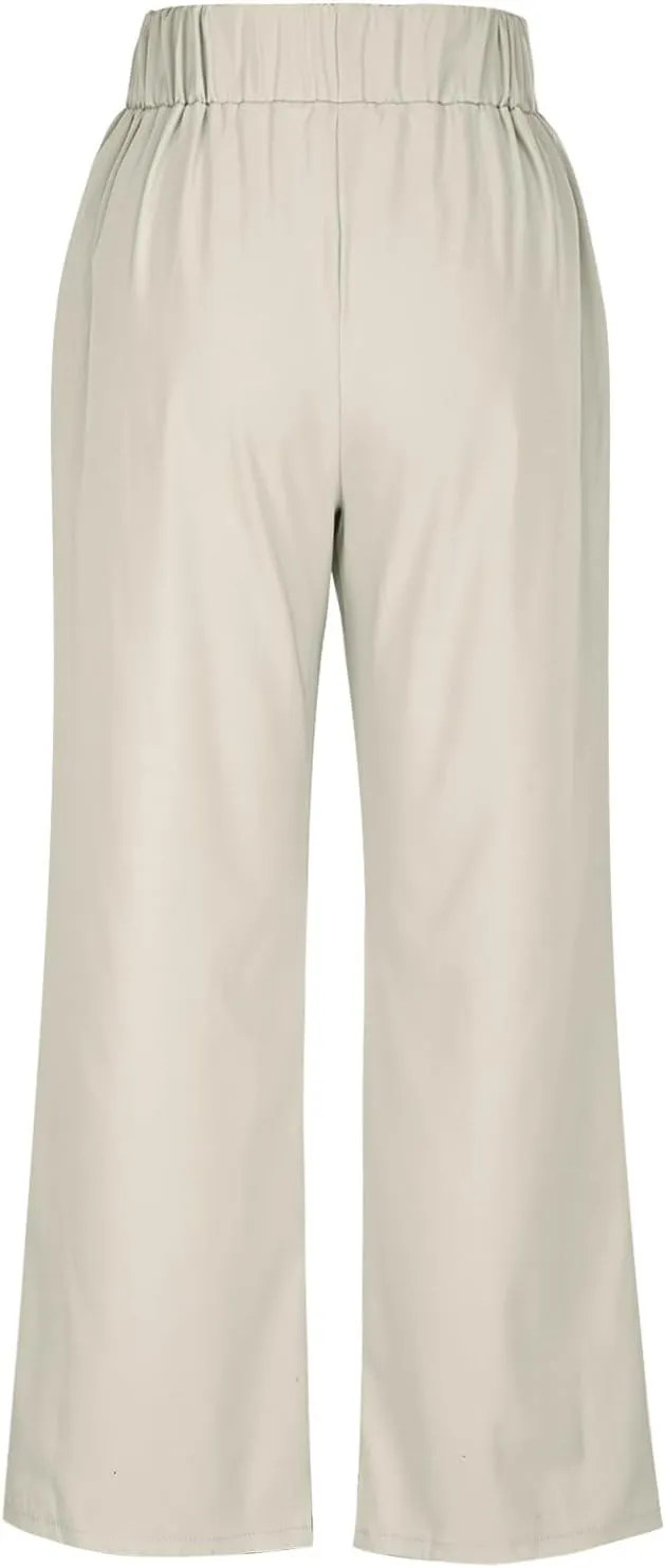Women's Comfy High Waisted Wide Leg Pants Business Casual Elastic Waist Loose Trendy Solid Color Trousers with Pockets