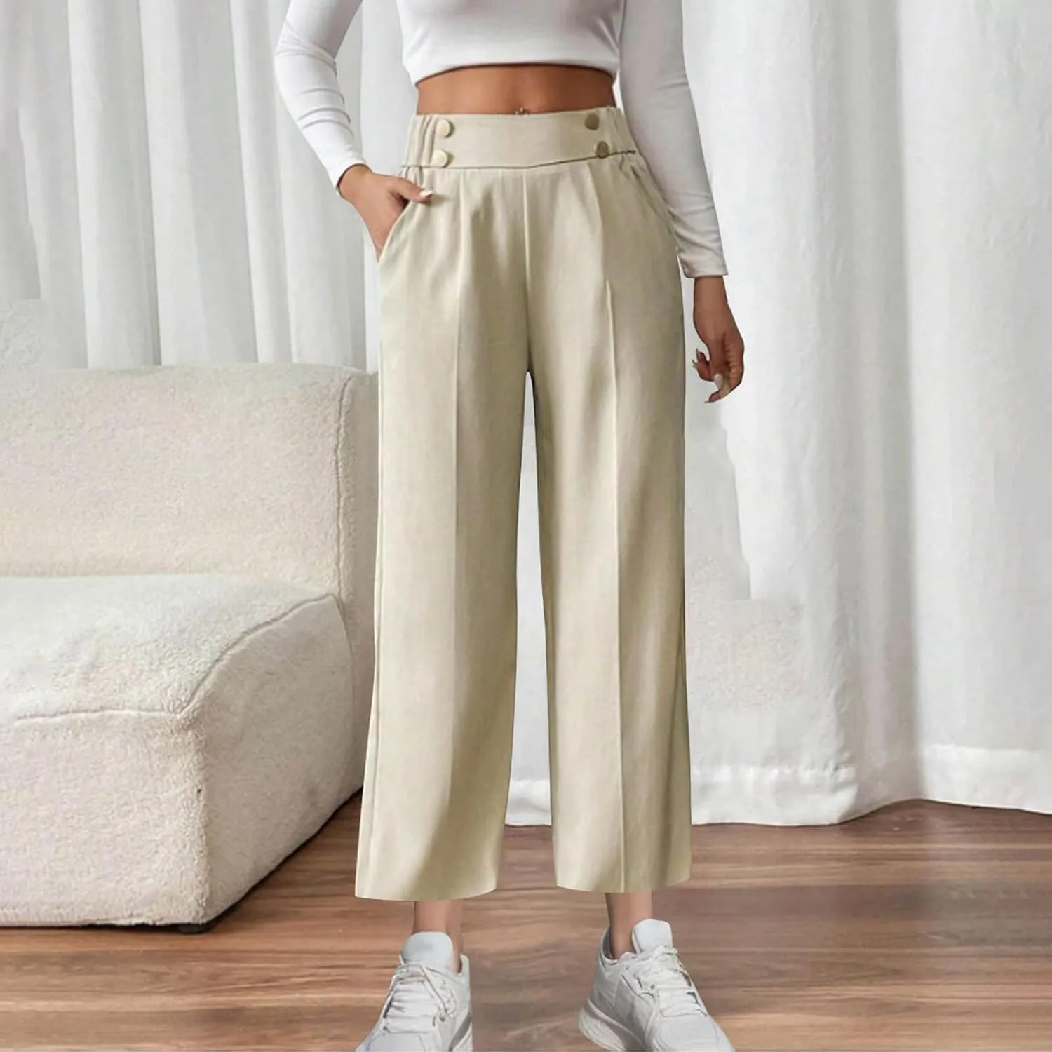 Women's Comfy High Waisted Wide Leg Pants Business Casual Elastic Waist Loose Trendy Solid Color Trousers with Pockets