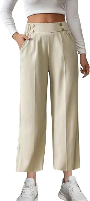 Women's Comfy High Waisted Wide Leg Pants Business Casual Elastic Waist Loose Trendy Solid Color Trousers with Pockets