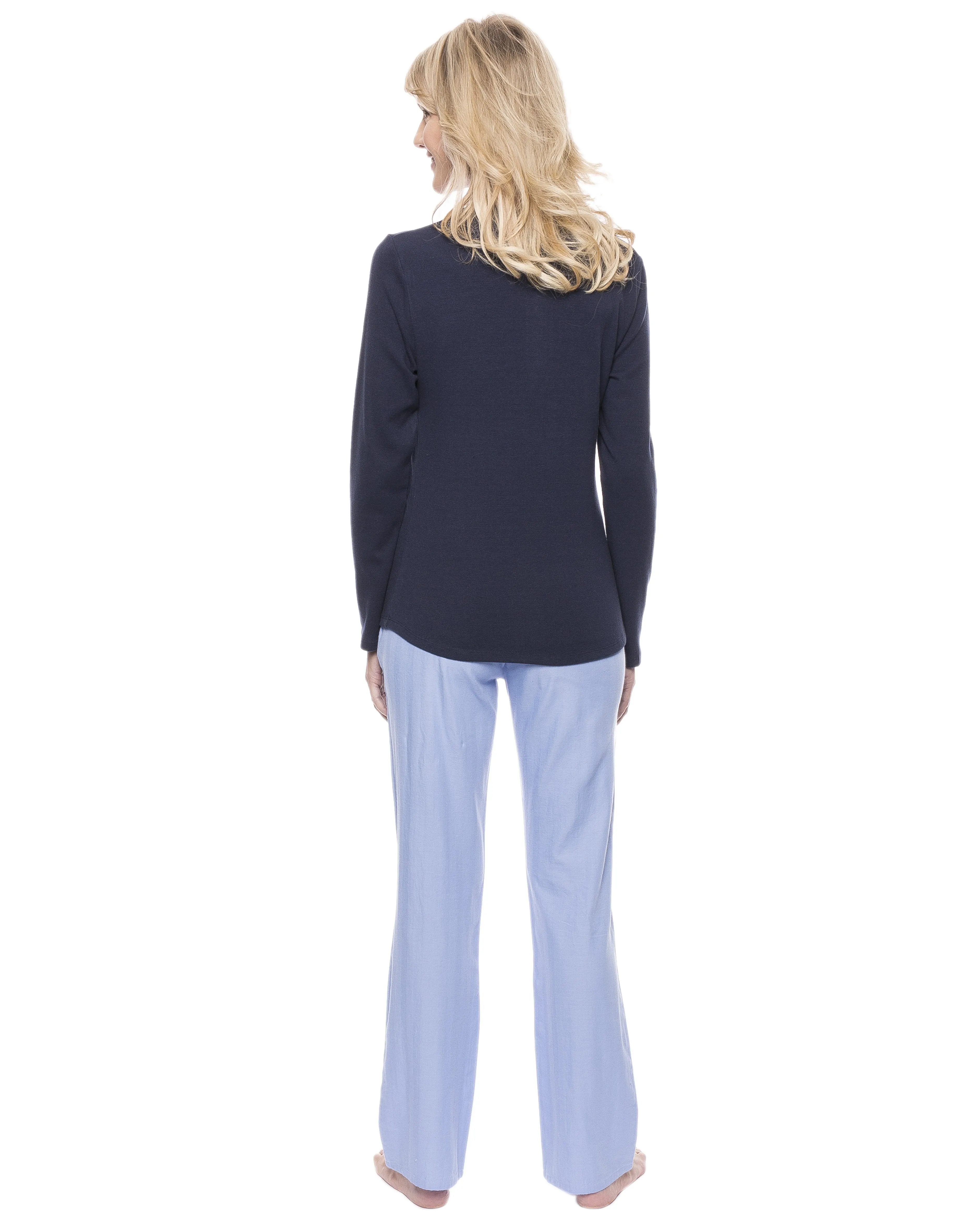 Womens Cotton Flannel Lounge Set with Henley Top - Herringbone Chambray Blue