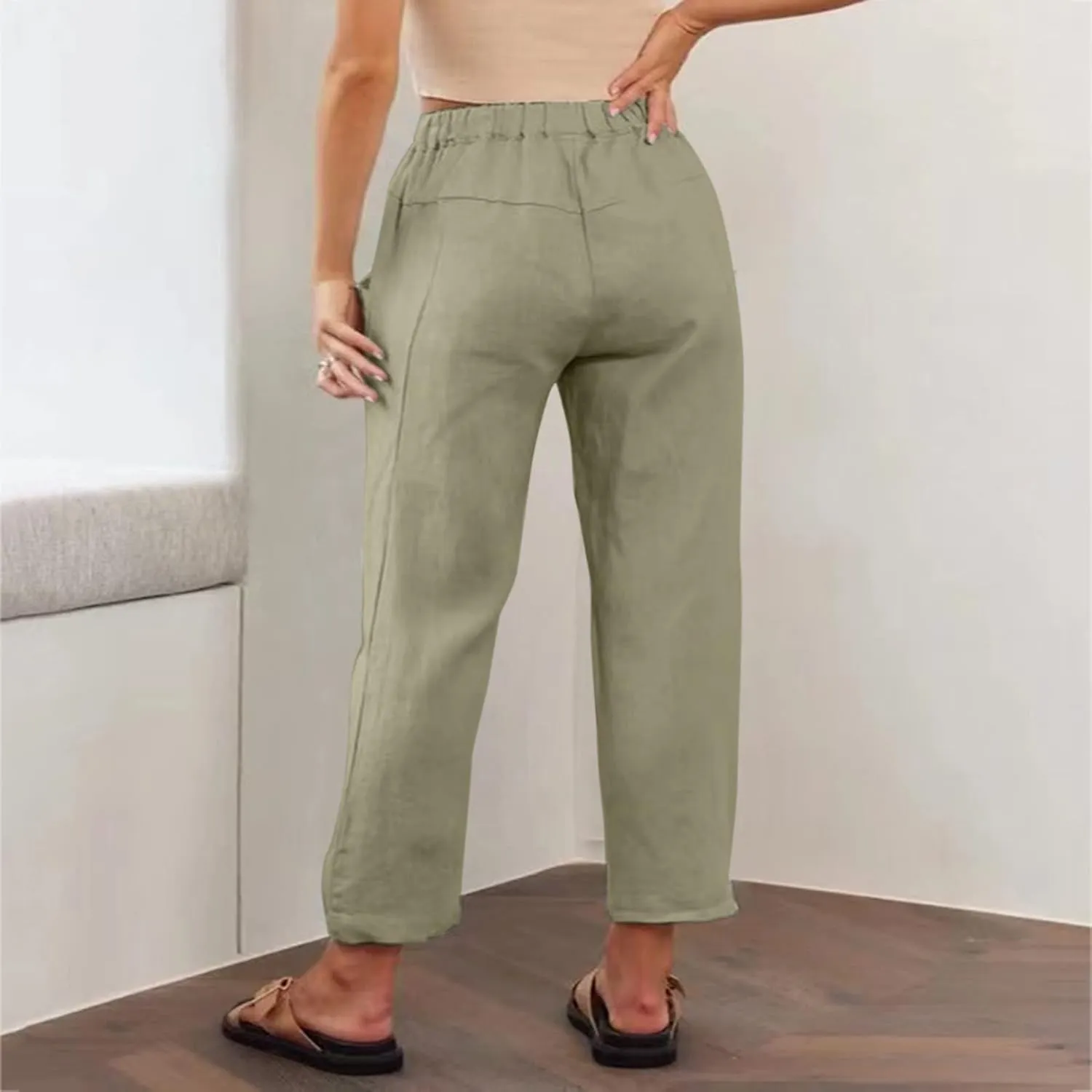 Womens Cotton Linen Capri Pants Drawstring Elastic Waist Casual Loose Cropped Trousers Summer Jogger Hiking Quick Dry Pants
