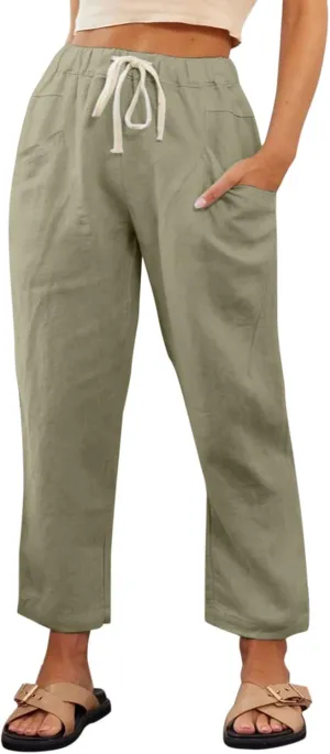 Womens Cotton Linen Capri Pants Drawstring Elastic Waist Casual Loose Cropped Trousers Summer Jogger Hiking Quick Dry Pants