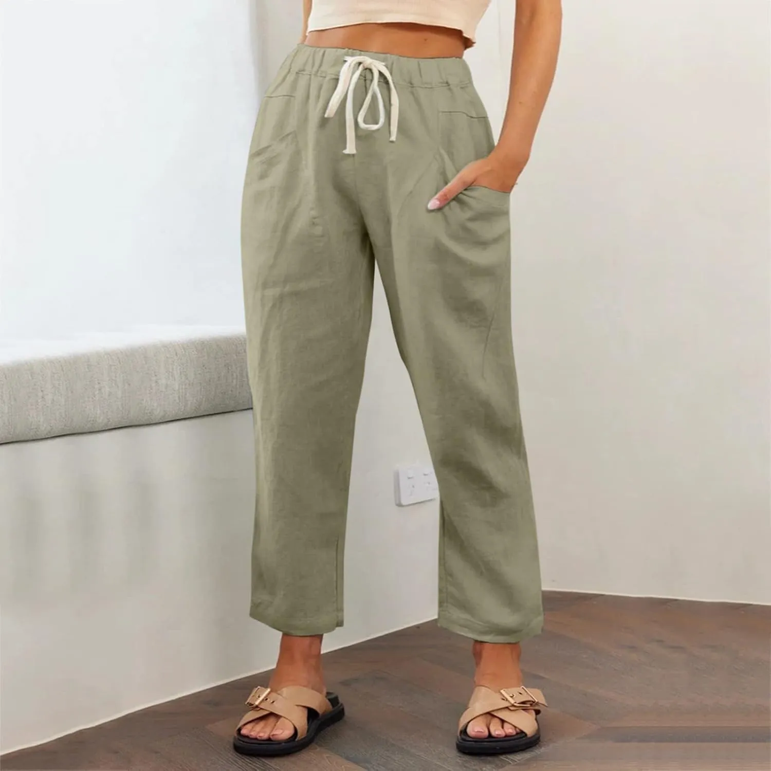 Womens Cotton Linen Capri Pants Drawstring Elastic Waist Casual Loose Cropped Trousers Summer Jogger Hiking Quick Dry Pants