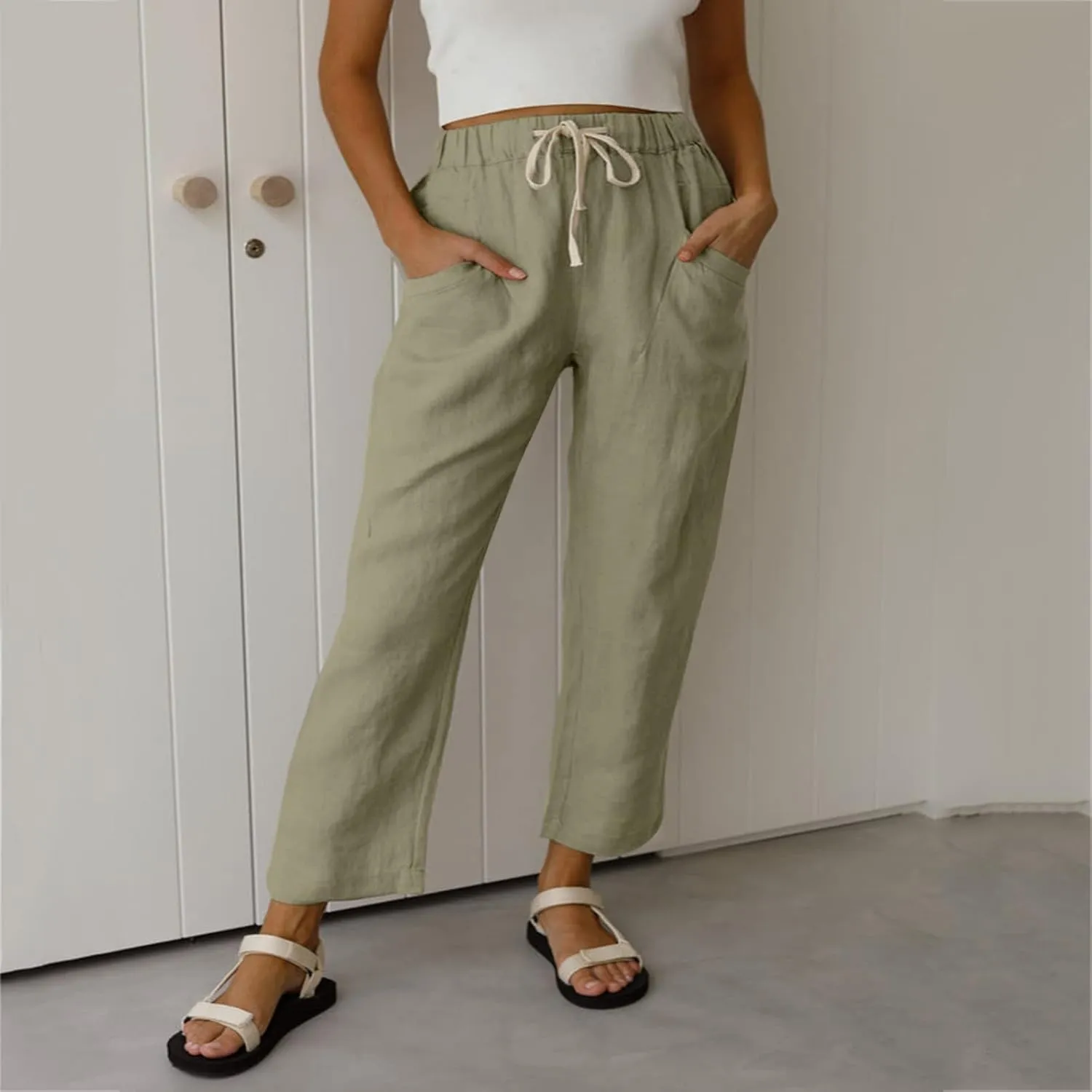 Womens Cotton Linen Capri Pants Drawstring Elastic Waist Casual Loose Cropped Trousers Summer Jogger Hiking Quick Dry Pants