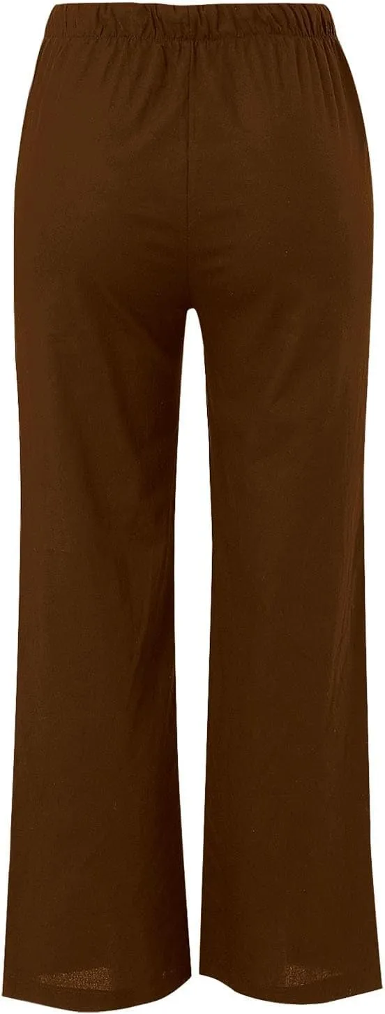 Womens Cotton Linen Palazzo Pants Drawstring Elastic Waist Casual Wide Leg Lightweight Beach Trousers with Pockets