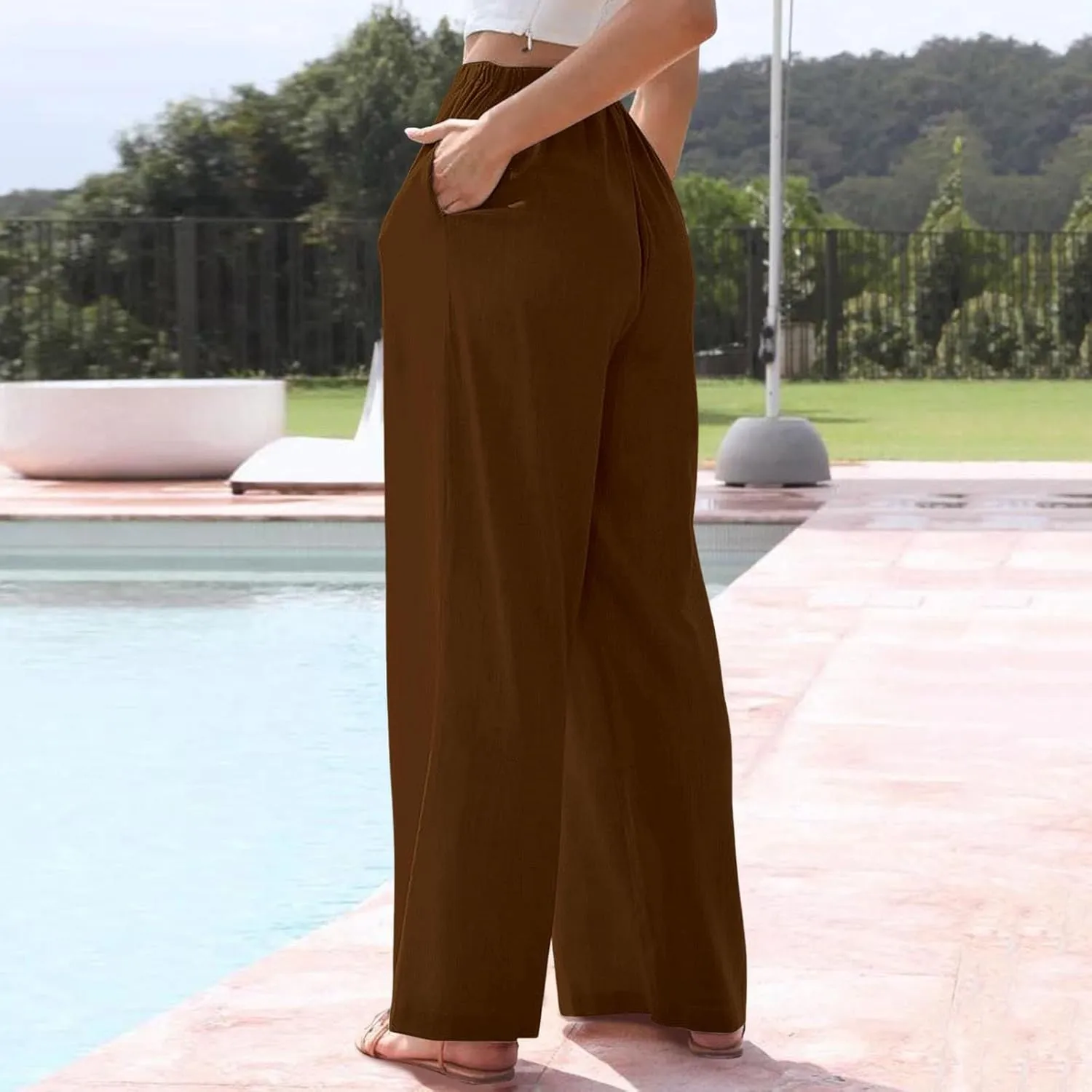 Womens Cotton Linen Palazzo Pants Drawstring Elastic Waist Casual Wide Leg Lightweight Beach Trousers with Pockets