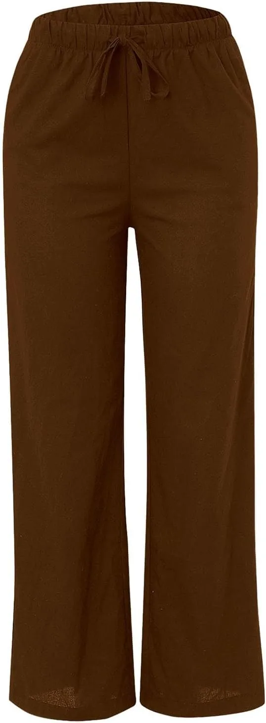 Womens Cotton Linen Palazzo Pants Drawstring Elastic Waist Casual Wide Leg Lightweight Beach Trousers with Pockets