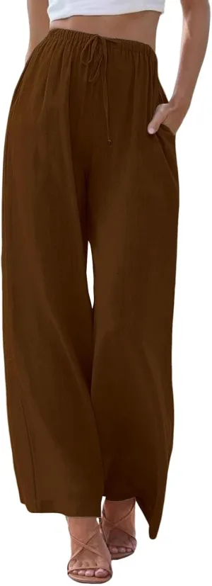 Womens Cotton Linen Palazzo Pants Drawstring Elastic Waist Casual Wide Leg Lightweight Beach Trousers with Pockets