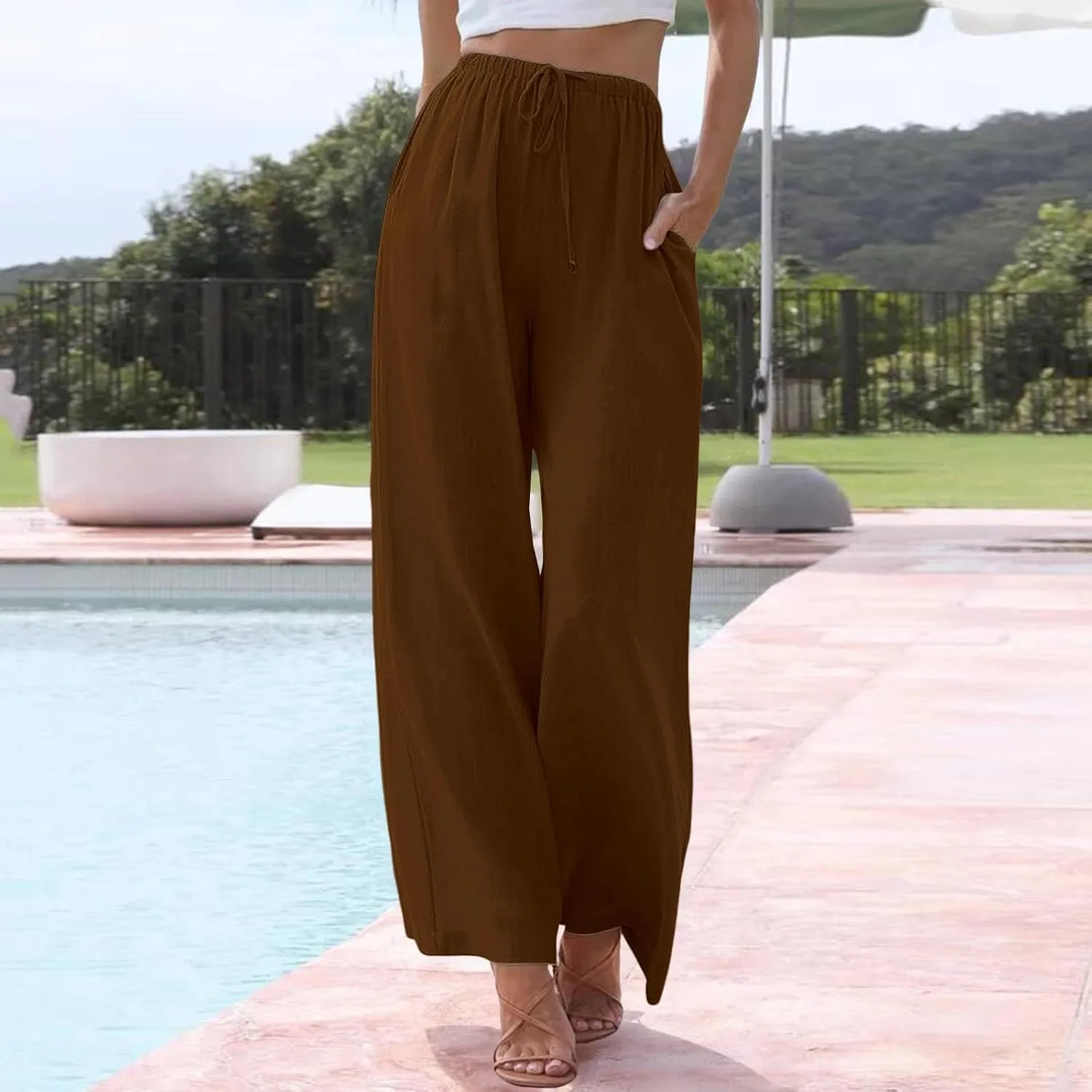 Womens Cotton Linen Palazzo Pants Drawstring Elastic Waist Casual Wide Leg Lightweight Beach Trousers with Pockets