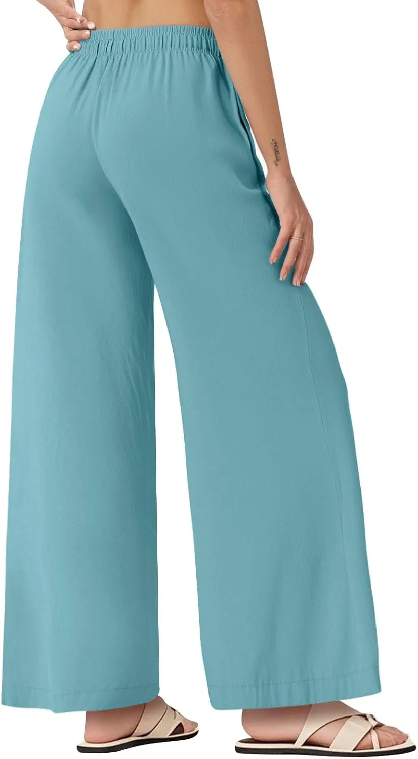 Women's Cotton Linen Pants 2025 Summer Elastic Waist Straight Leg Relax Comfy Solid Color Casual Long Trouser