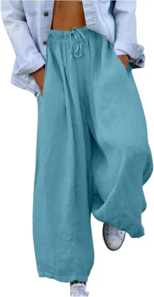 Women's Cotton Linen Pants 2025 Summer Elastic Waist Straight Leg Relax Comfy Solid Color Casual Long Trouser