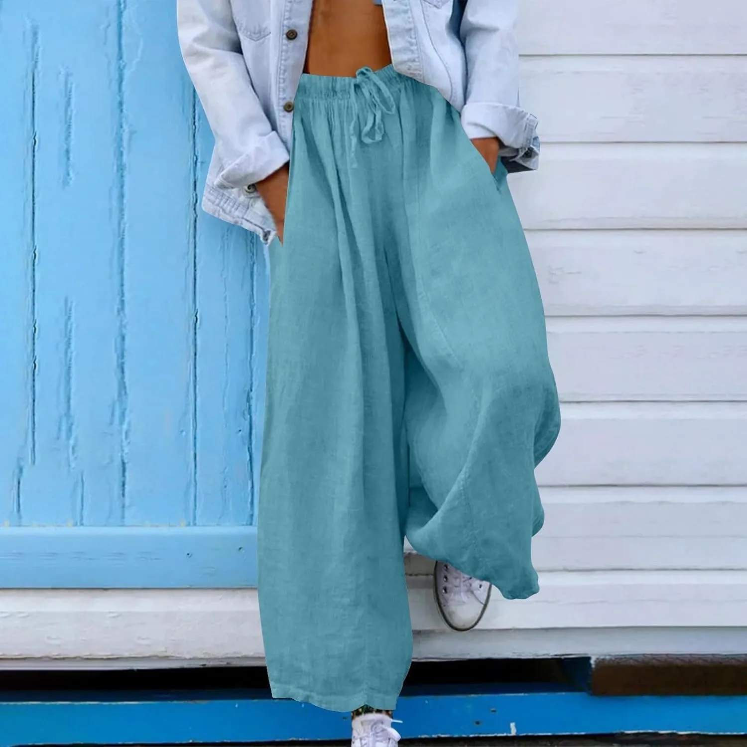 Women's Cotton Linen Pants 2025 Summer Elastic Waist Straight Leg Relax Comfy Solid Color Casual Long Trouser