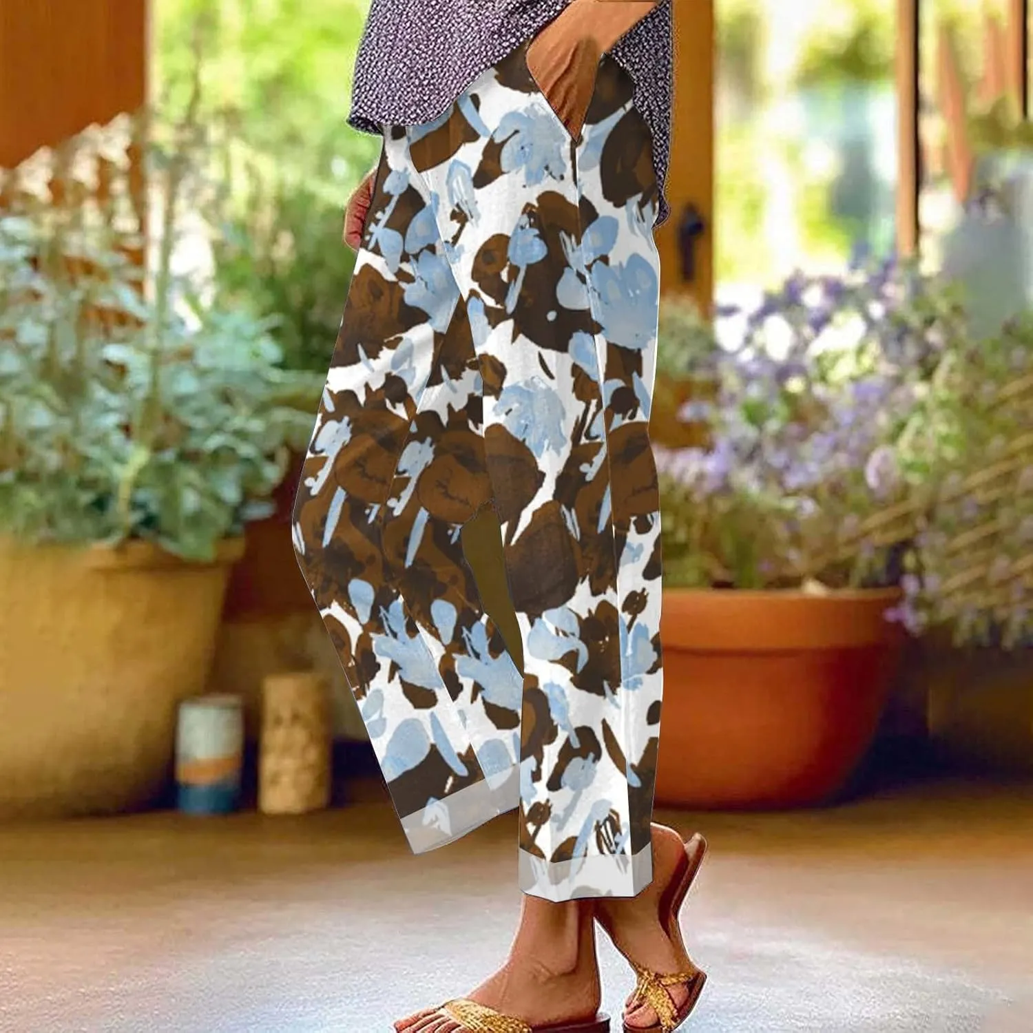 Womens Cotton Linen Pants 2025 Women'sPrinted Loose Pocket Casual Cotton and Linen Pants Vacation Beach Pants Flowy