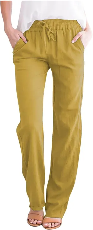 Women's Cotton Linen Pants Summer 2025 - Breathable Wide Leg Trousers with Elastic Waist, Lightweight Casual Comfort Slimming Palazzo Pants