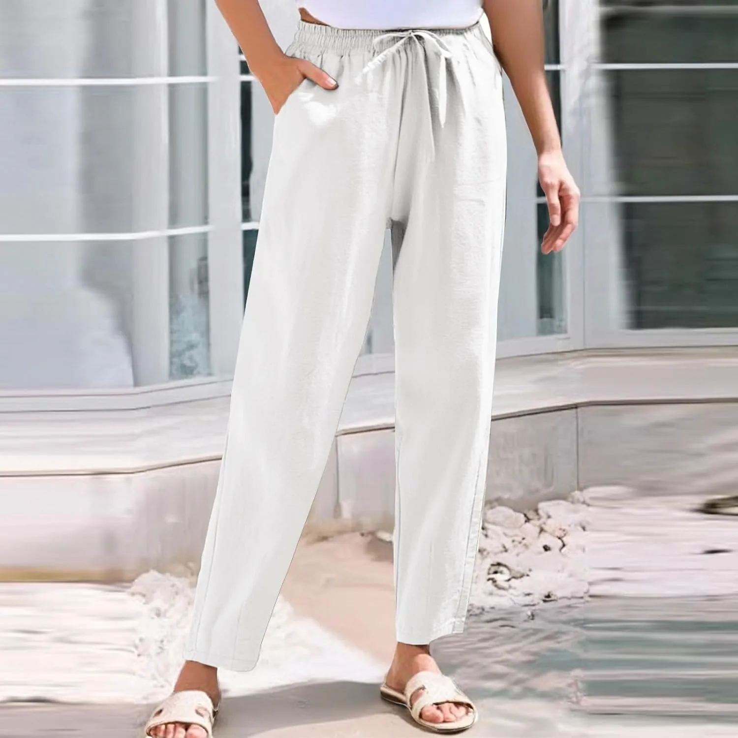 Womens Cotton Linen Pants with Pockets Drawstring Casual Summer Straight Leg Pants Lounge Baggy Beach Pants