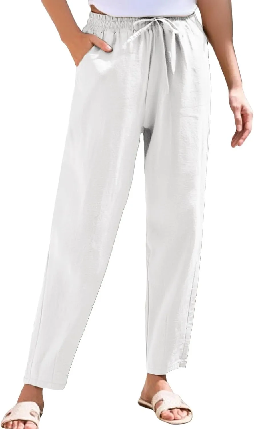 Womens Cotton Linen Pants with Pockets Drawstring Casual Summer Straight Leg Pants Lounge Baggy Beach Pants