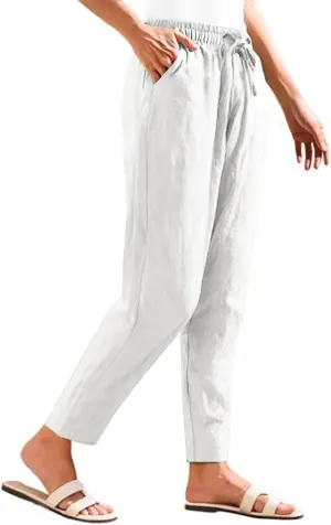 Womens Cotton Linen Pants with Pockets Drawstring Casual Summer Straight Leg Pants Lounge Baggy Beach Pants