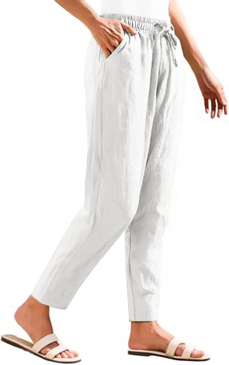 Womens Cotton Linen Pants with Pockets Drawstring Casual Summer Straight Leg Pants Lounge Baggy Beach Pants