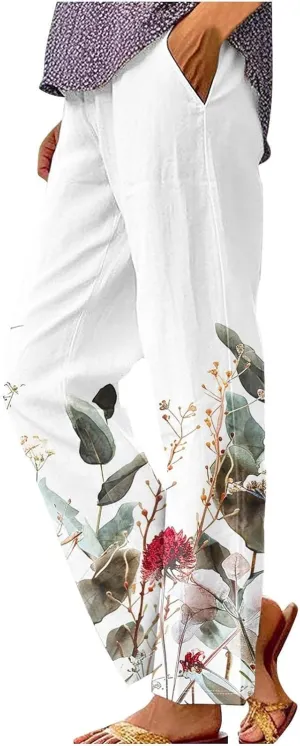 Womens Cotton Linen Pants with Pockets Floral Elastic Waisted Trousers Beach Summer Linen Petite Pants 2025