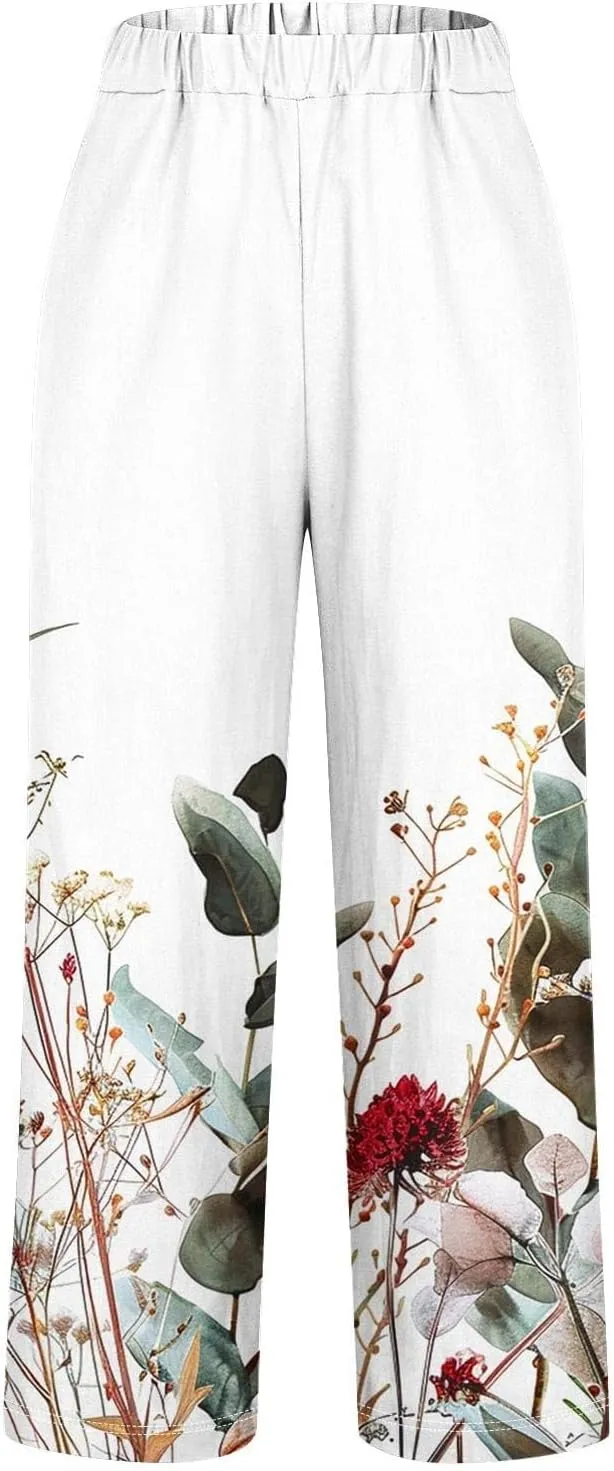 Womens Cotton Linen Pants with Pockets Floral Elastic Waisted Trousers Beach Summer Linen Petite Pants 2025