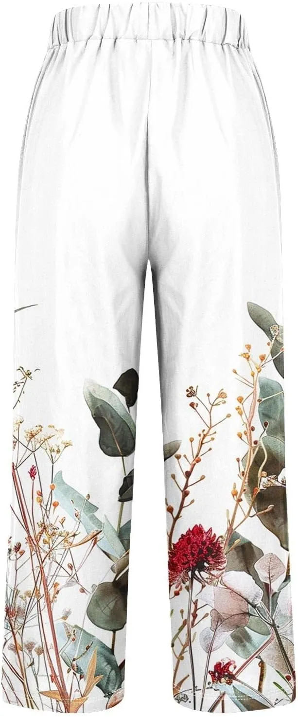 Womens Cotton Linen Pants with Pockets Floral Elastic Waisted Trousers Beach Summer Linen Petite Pants 2025