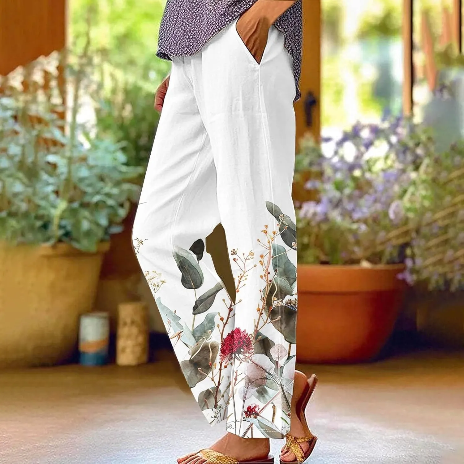 Womens Cotton Linen Pants with Pockets Floral Elastic Waisted Trousers Beach Summer Linen Petite Pants 2025