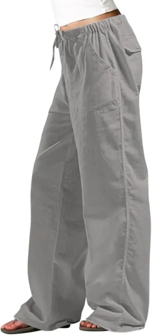 Women's Cotton Linen Summer Palazzo Pants Straight Dress Drawstring Palazzo Pants Casual Lounge Long Trouser