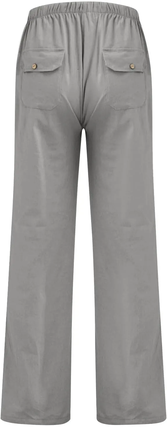 Women's Cotton Linen Summer Palazzo Pants Straight Dress Drawstring Palazzo Pants Casual Lounge Long Trouser